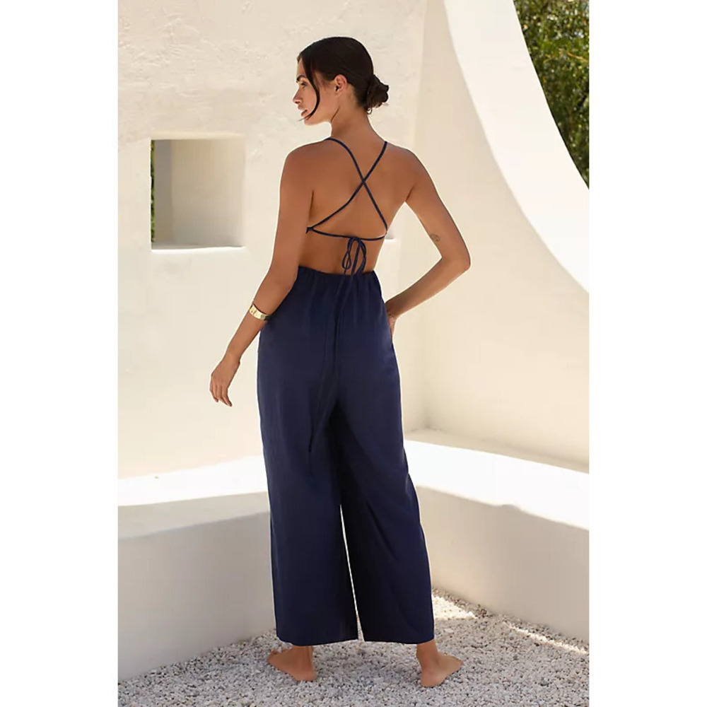 The Carrie Linen Wide-Leg Jumpsuit - Navy Color Medium Petite NWT